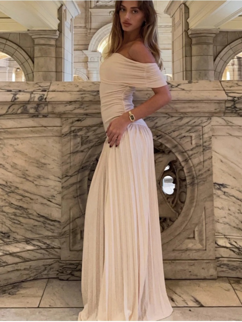 Elegant Off-Shoulder Pleated Maxi Skirt — Cream by Lioness